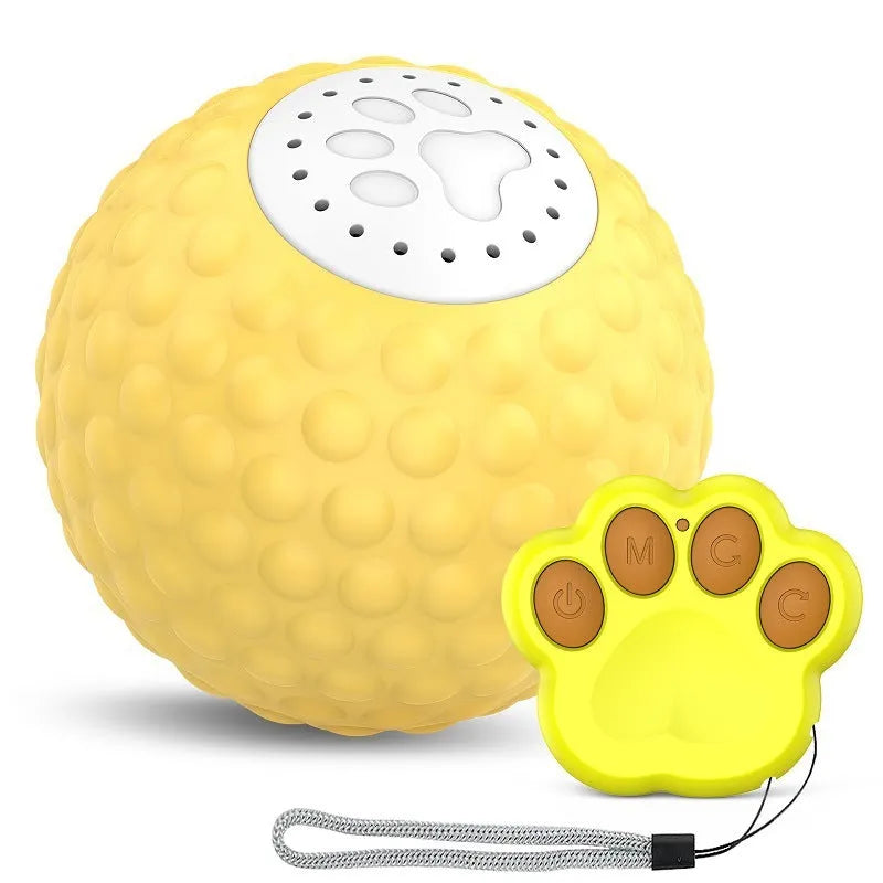 Blue remote control cat toy ball on a wooden floor next to its remote.