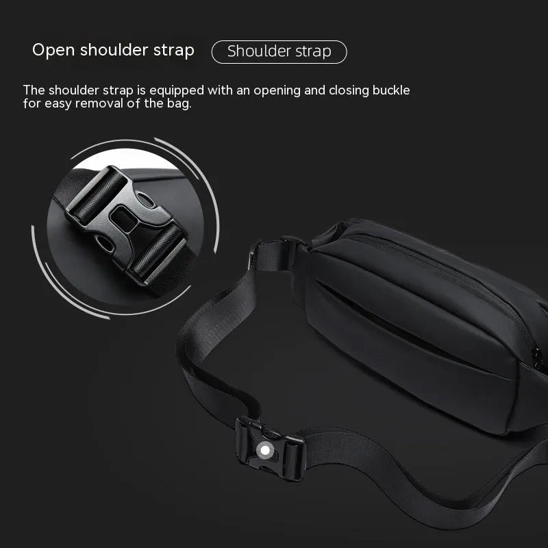 Black Oxford cloth messenger bag for men with visible stitching, shown for one-shoulder carry.