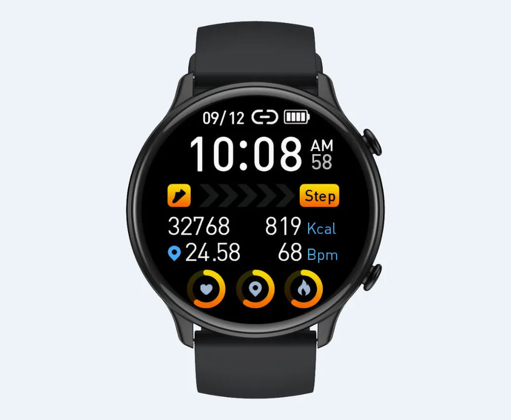 Round smart sports watch with touch screen on a silicone strap, showing heart rate data display.