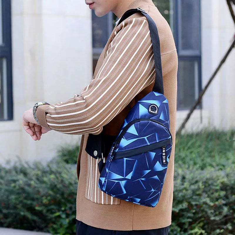 Men's crossbody sling bag with earphone hole in Oxford cloth with zip pockets
