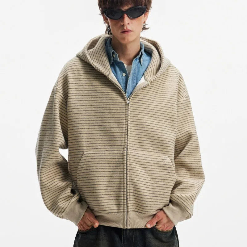 Hooded striped cardigan coat with zip front, long sleeves, loose unisex fit, apricot or black, sizes M to 2XL