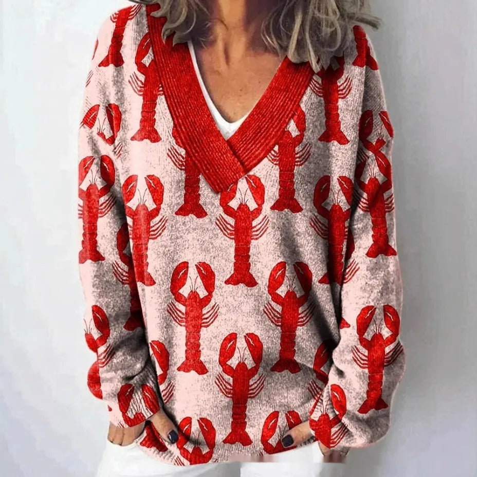 Women's V-neck sweatshirt with 3D floral pattern in art retro style