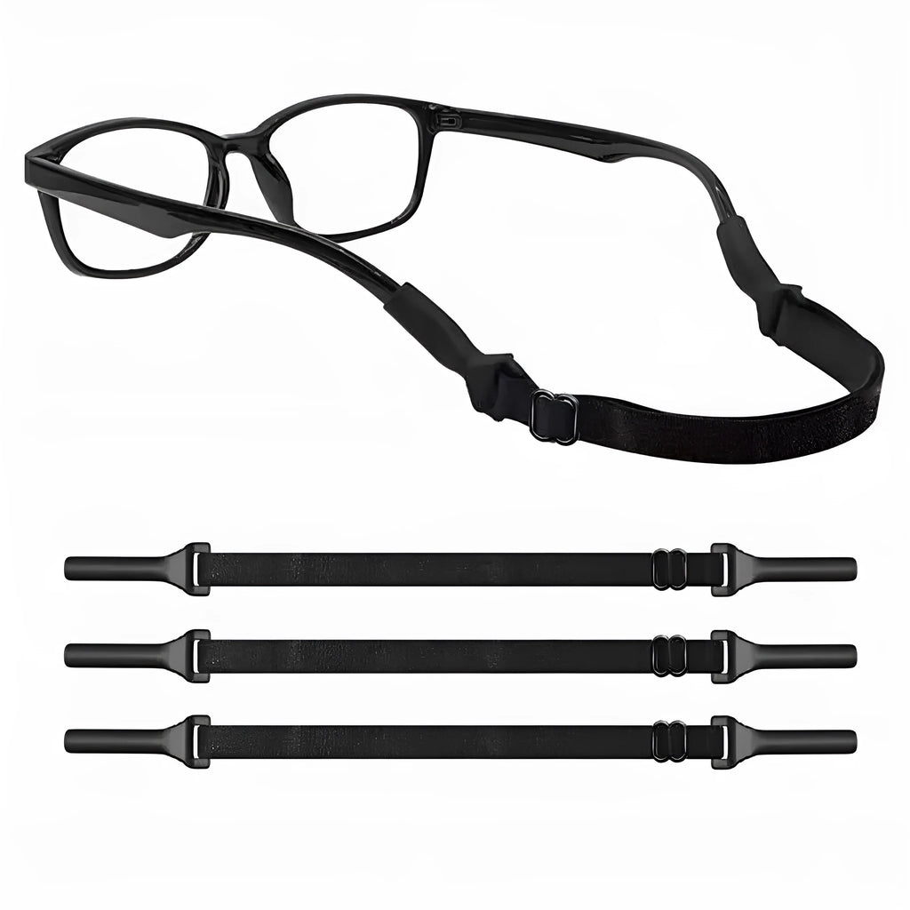 Black adjustable glasses cord with silicone earpiece ends shown on spectacles