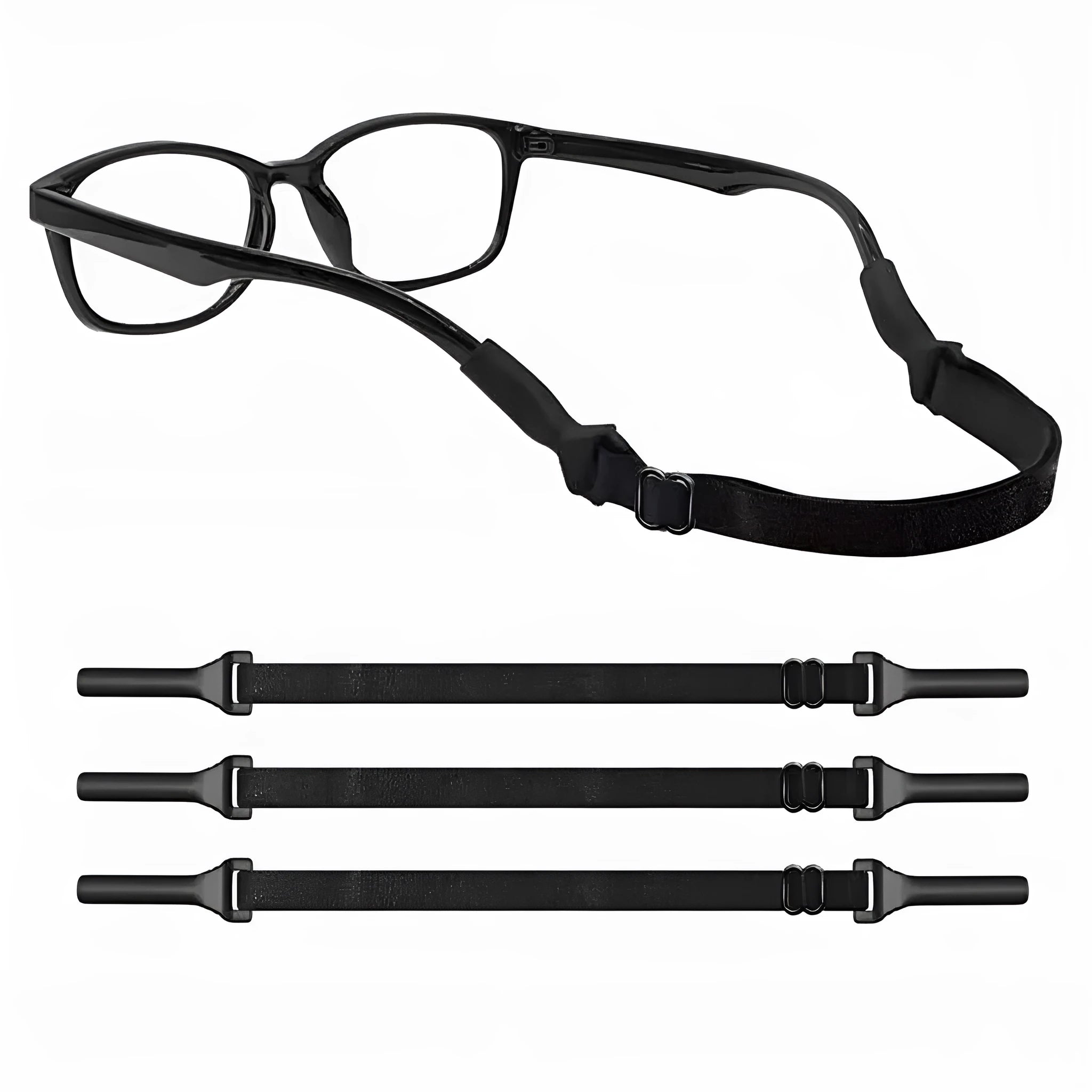 Black adjustable glasses cord with silicone earpiece ends shown on spectacles