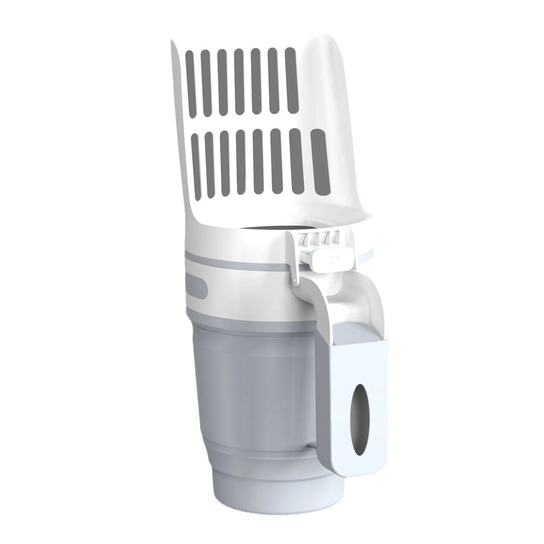 Grey foldable cat litter scoop and waste bin system with a non-slip handle and refill bags.