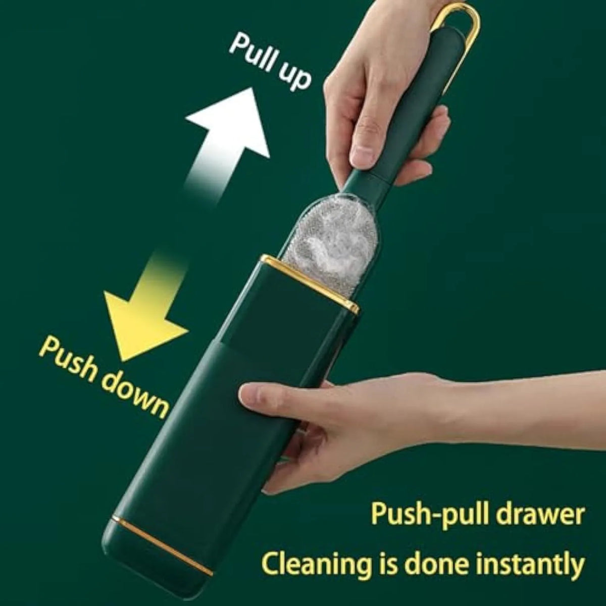 Reusable pet hair remover brush with a plush head and storage base, shown in blue, green and white colour options.