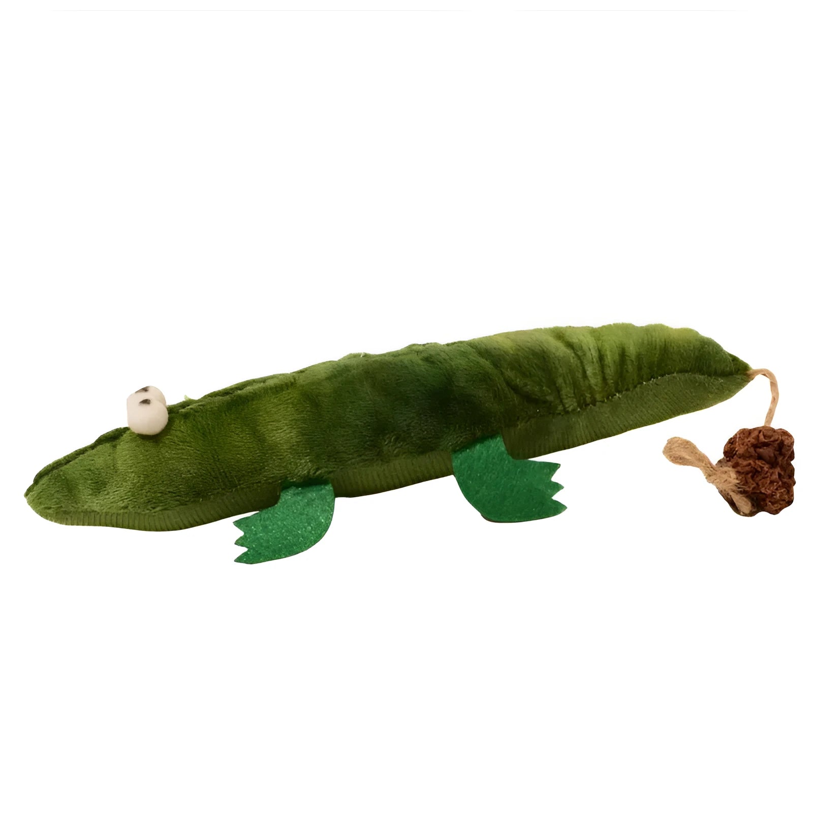 Green plush alligator catnip toy with embroidered eyes and nose