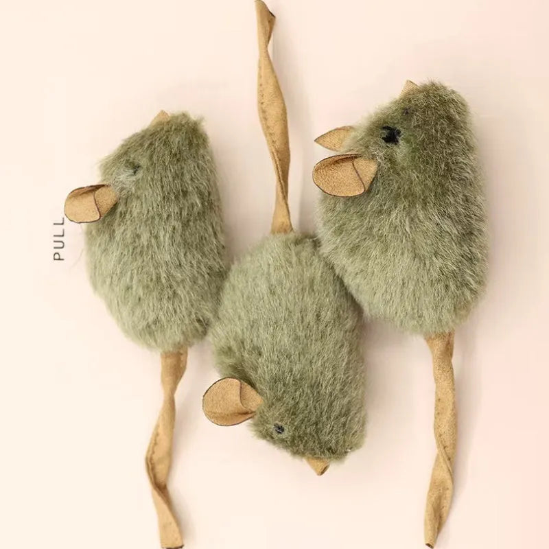 Plush mouse cat toy with tail and internal squeaking chirp, flannel interactive kitten toy for chasing and batting