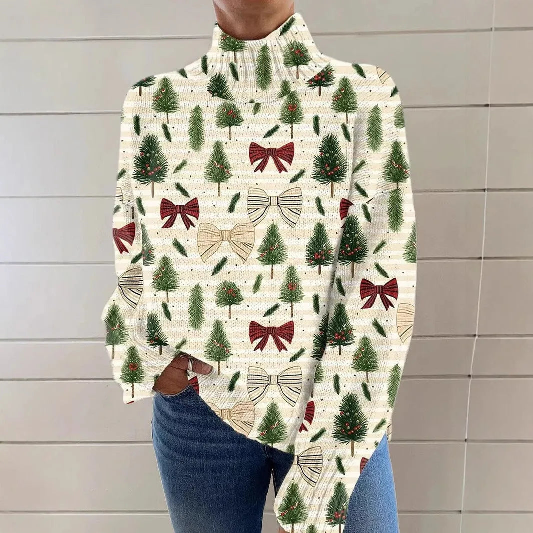 Women's Christmas printed turtleneck sweater in polyester with loose fit and long sleeves