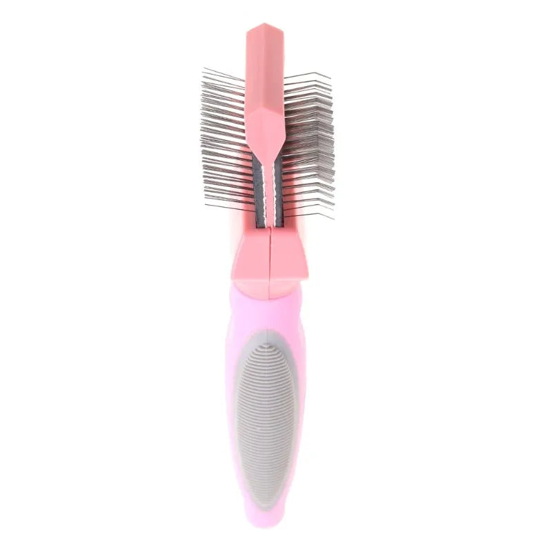 Double-sided pet brush with stainless steel pins and ABS handle in blue or pink colours