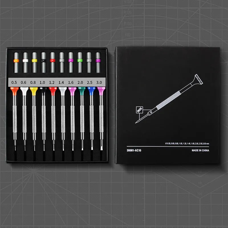 10-piece watch and glasses repair screwdriver set with cross and straight manual screwdrivers and 20 spare drill bits