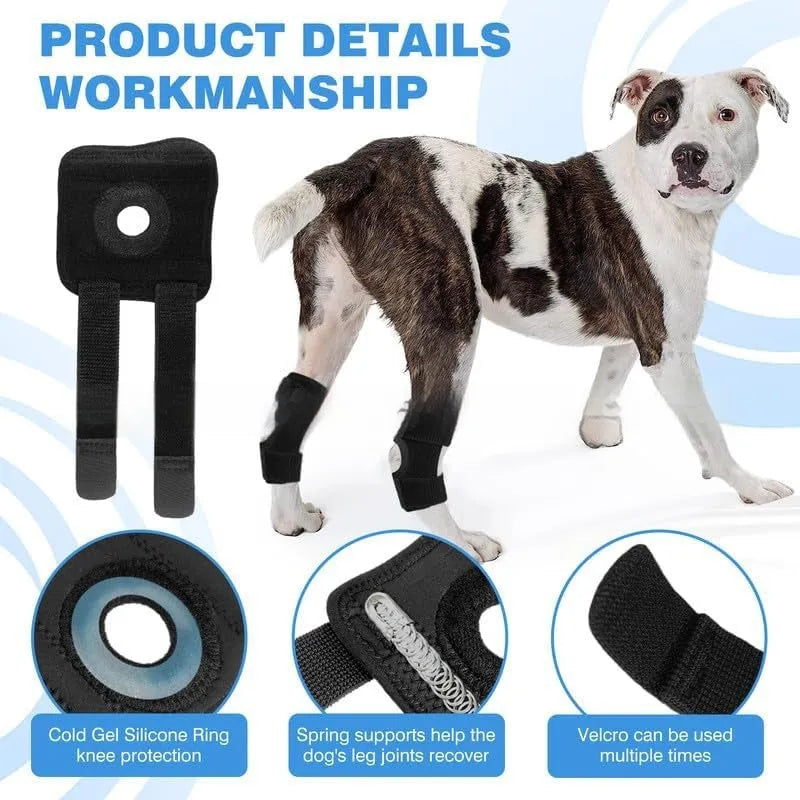 Black polyester dog leg guard or knee pad for ACL and joint support, shown in size L, M, and XL.