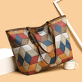 Blue brown women's PVC shoulder handbag with large capacity and outer pockets.