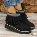 Women's suede wedge ankle booties with side zipper and thick rubber sole in black colour