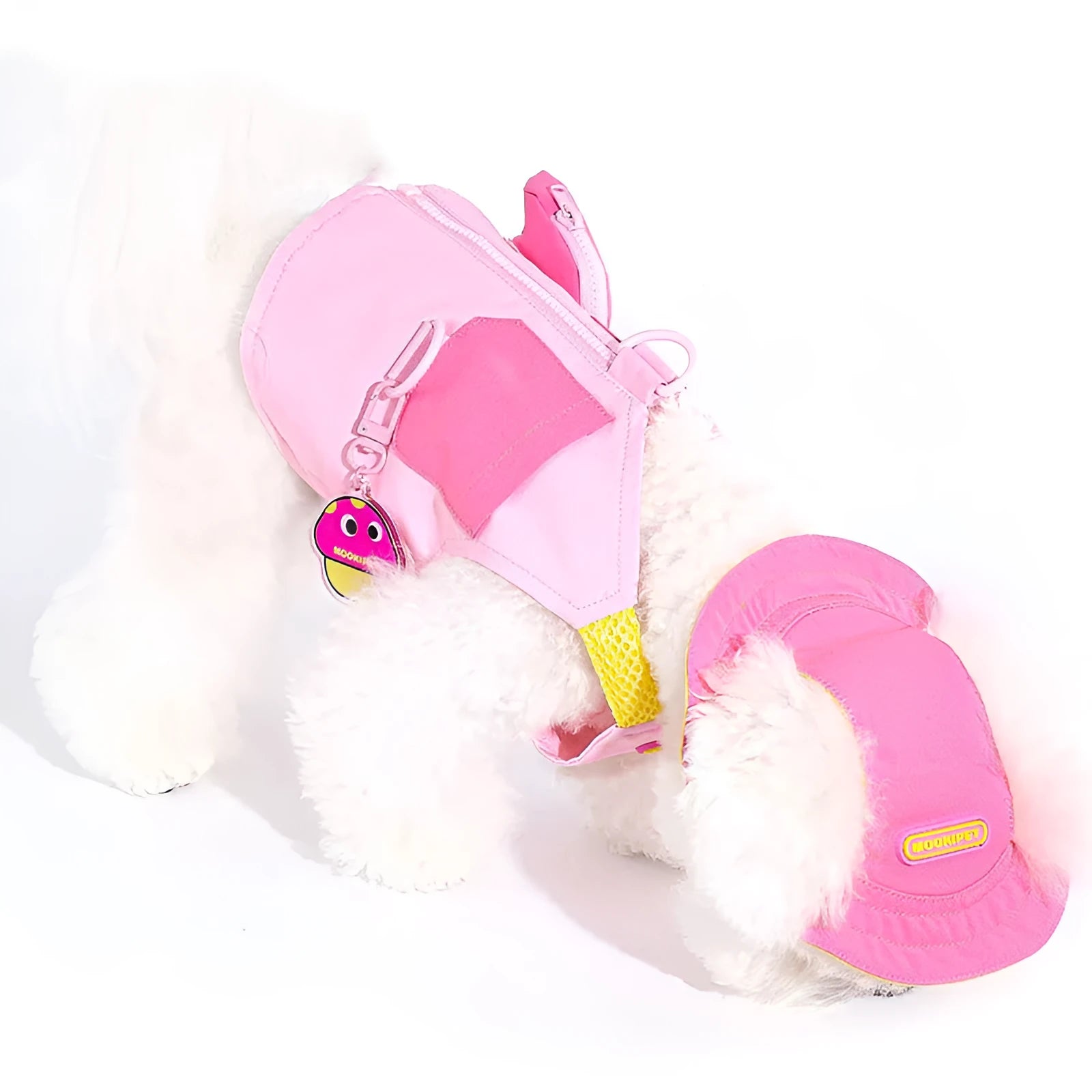 Pink polyester pet vest for small dog breeds like Bichon Frise on a mannequin