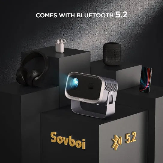Portable 4K smart home theater projector projecting content from mobile phone onto wall