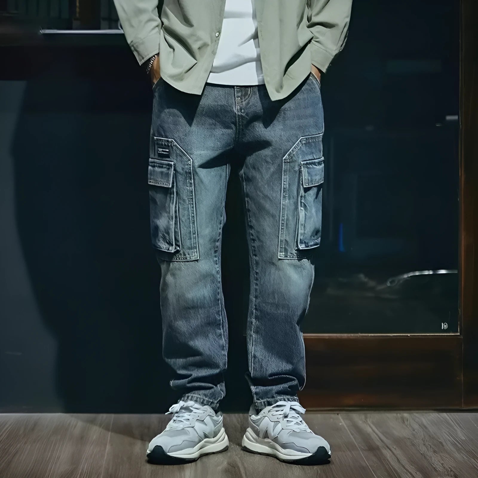 Blue loose straight-leg men's retro jeans with a zip fly on a plain background.