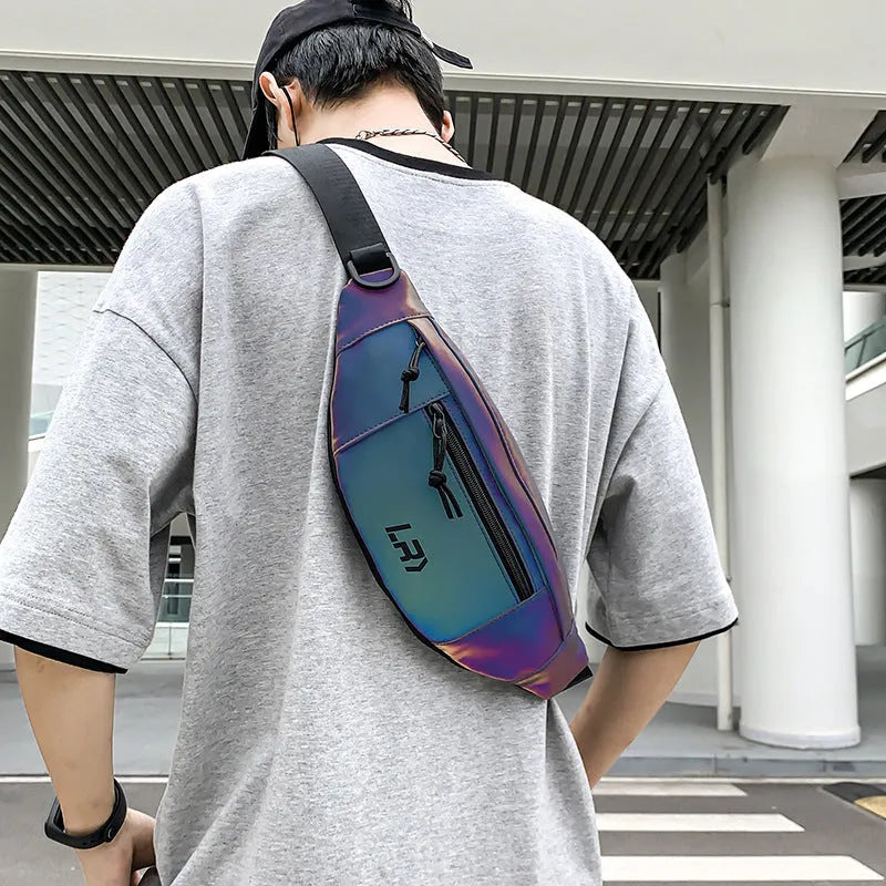 Blue reflective crossbody cycling bag with open pocket and soft handle
