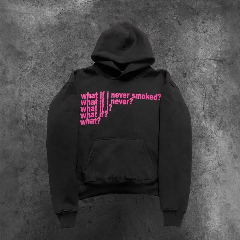 Black hooded sweater with white letter print design, showing front view with hood up