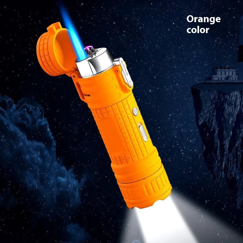 TH727 multi-function metal flashlight lighter showing colour options: black, blue, camouflage, red, yellow