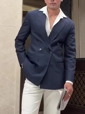 Men's striped double-breasted polyester blazer on a hanger, showing regular fit and length.
