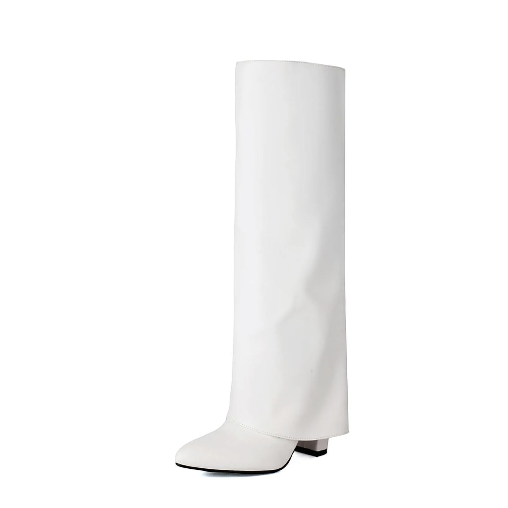 Women's plus size thick high heel boots in black, white or pink for autumn and winter wear
