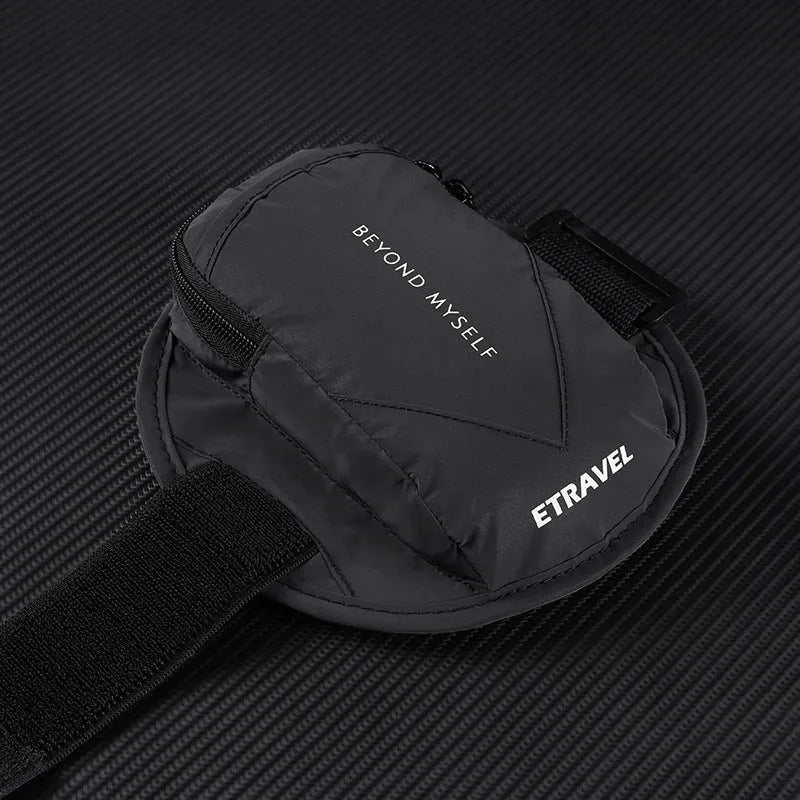 Reflective black running arm band with adjustable strap, shown holding a smartphone.