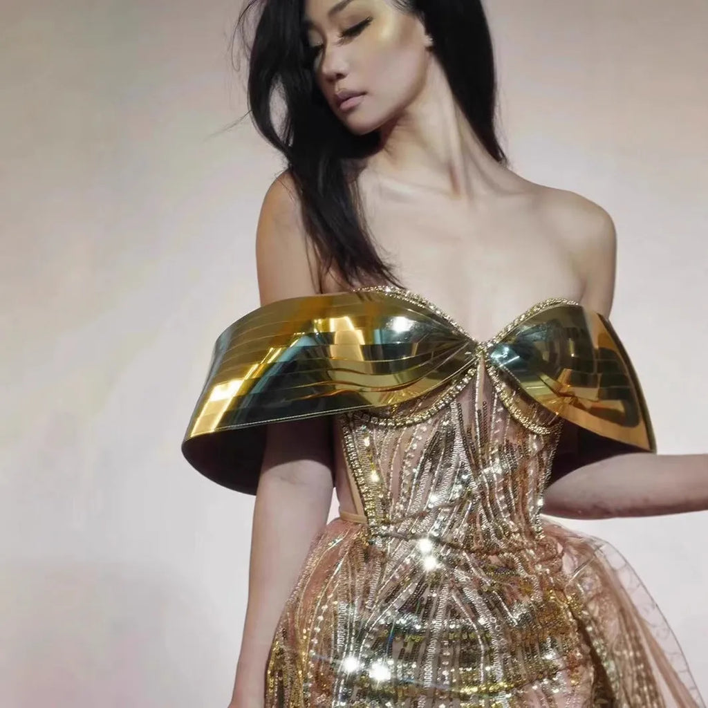 Gold strapless sequined tulle dress with thigh-high split and tube top for women's formal evening wear