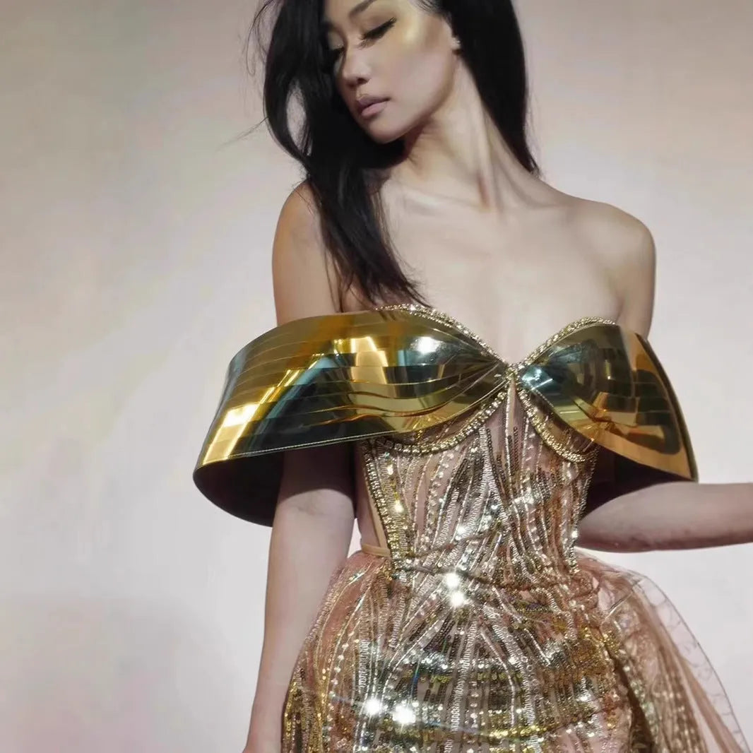 Gold strapless sequined tulle dress with thigh-high split and tube top for women's formal evening wear