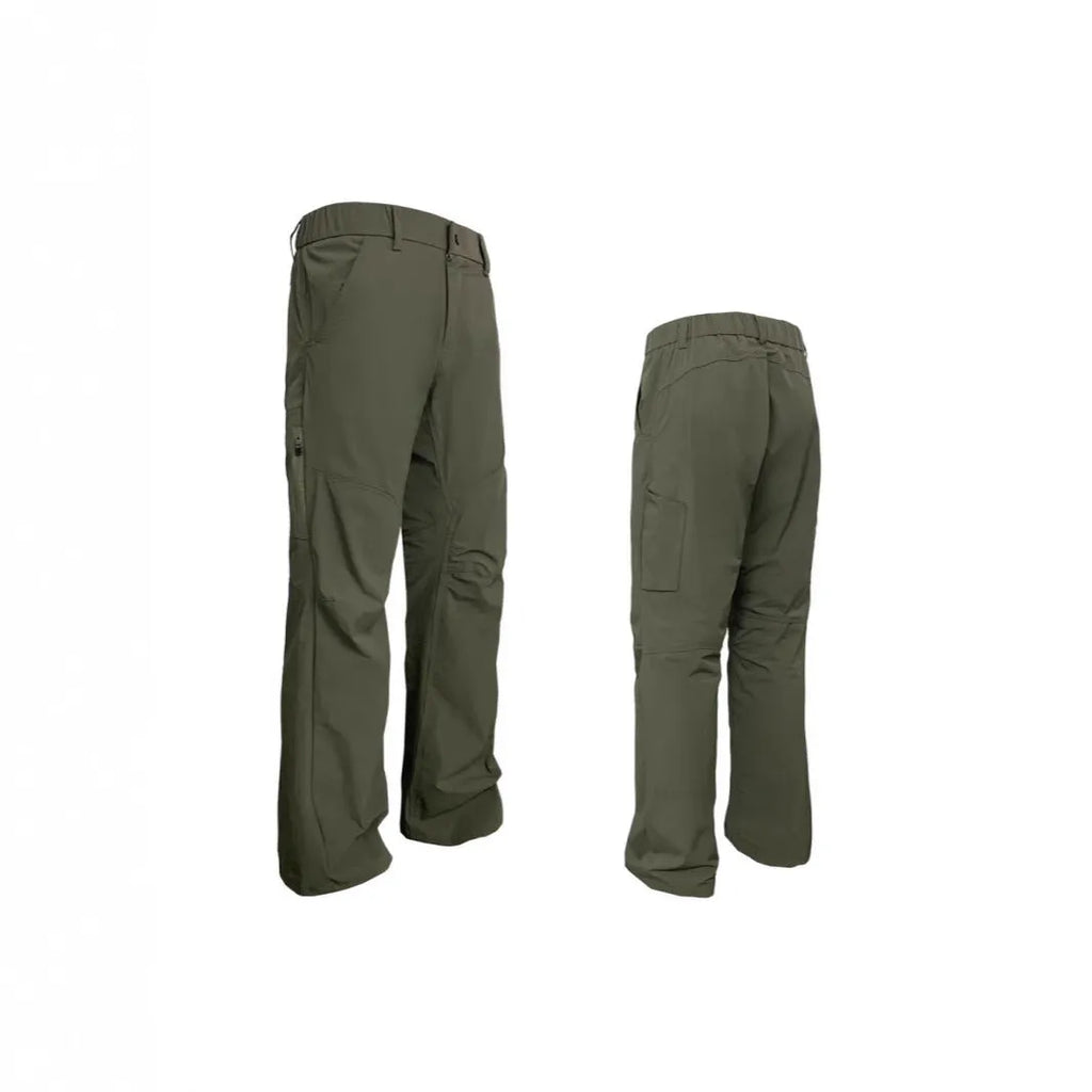 Men's straight-leg casual trousers in a neutral colour on a hanger, showing the mid-waist and elasticated waistband detail.