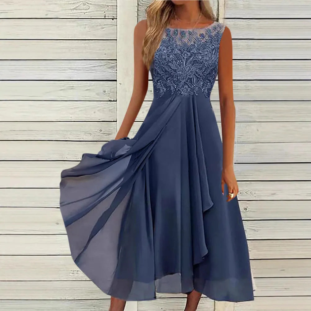 Women's sleeveless chiffon dress with lace hollow-out detailing in princess style
