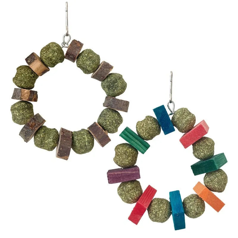 Decorative straw ball ring chew toy for small pets like hamsters, shown in sequin and applewood designs.