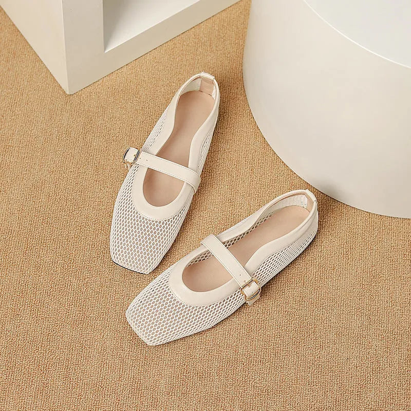 Women's low heel mesh pump in beige with a buckle strap and square toe.