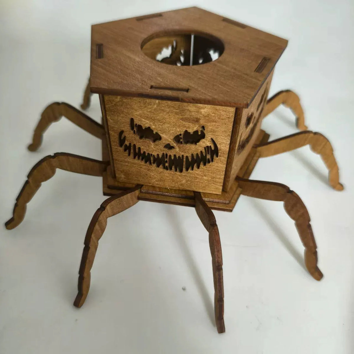 Wooden Halloween spider mini lantern candlestick decoration measuring 21cm tall