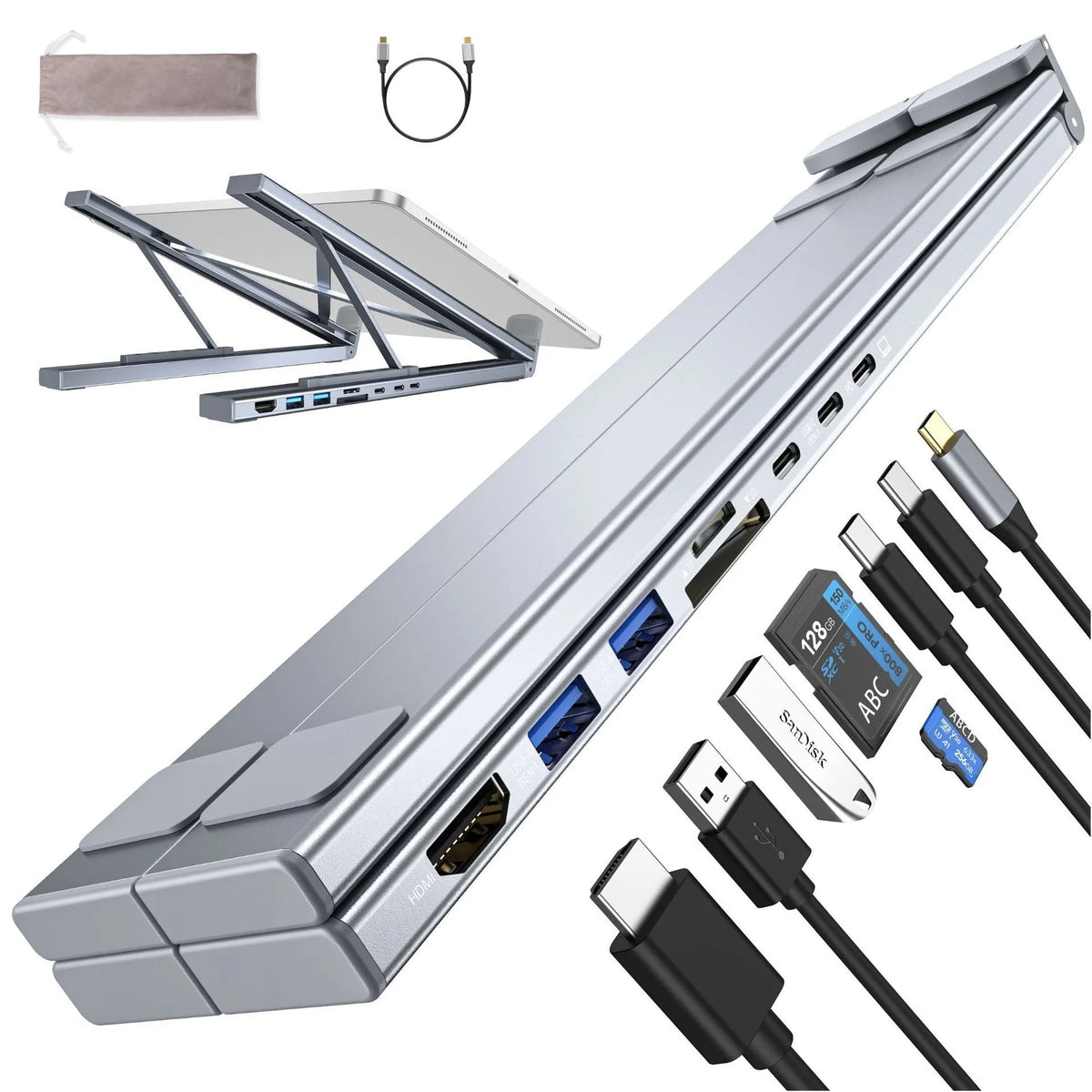 Aluminium alloy folding laptop docking station stand with multi-interface HUB ports visible