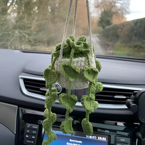 Green and white knitted car plant decoration with hanging cord for vehicle interior