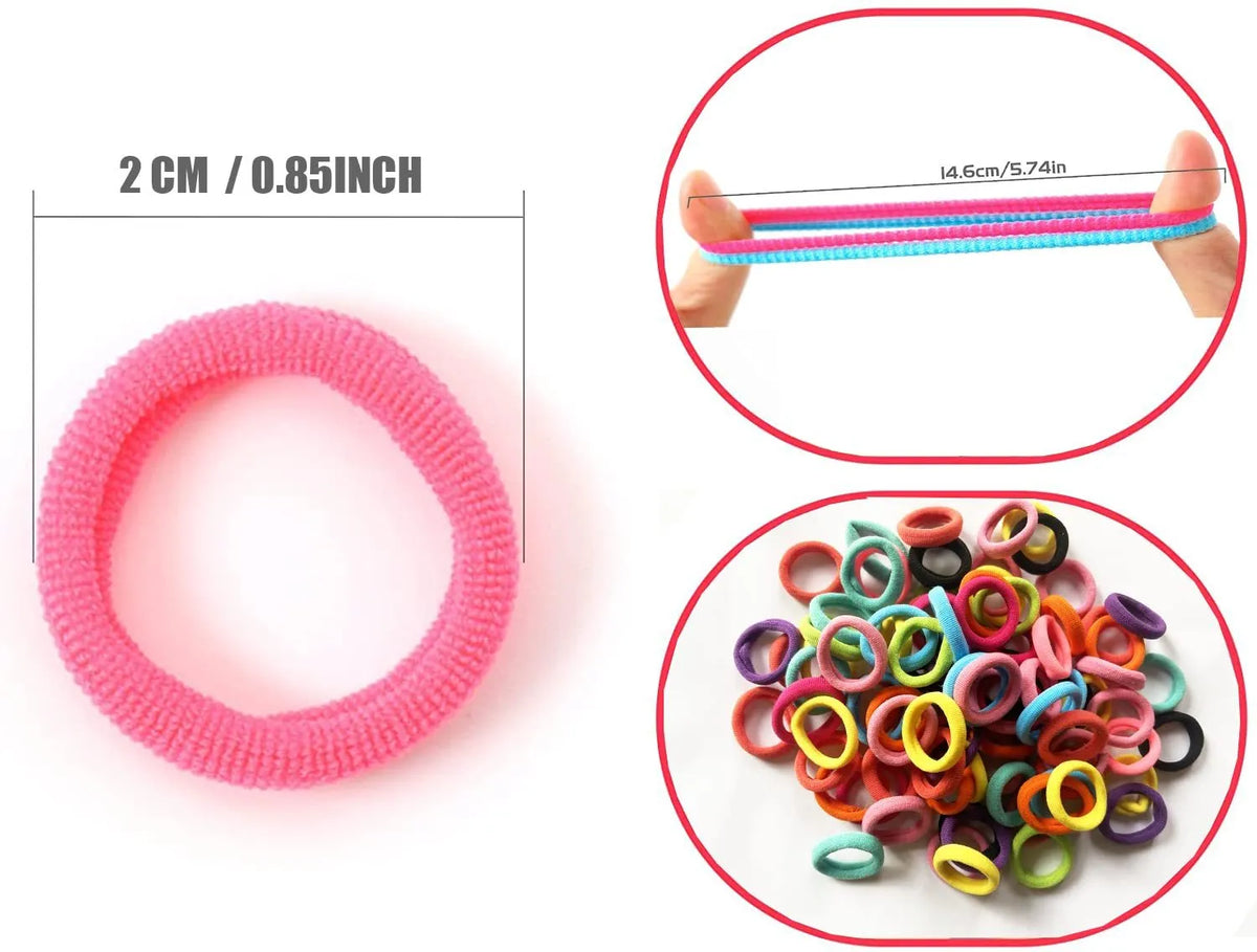 Multicolour assortment of 100 small seamless cotton baby hair ties in a jar.