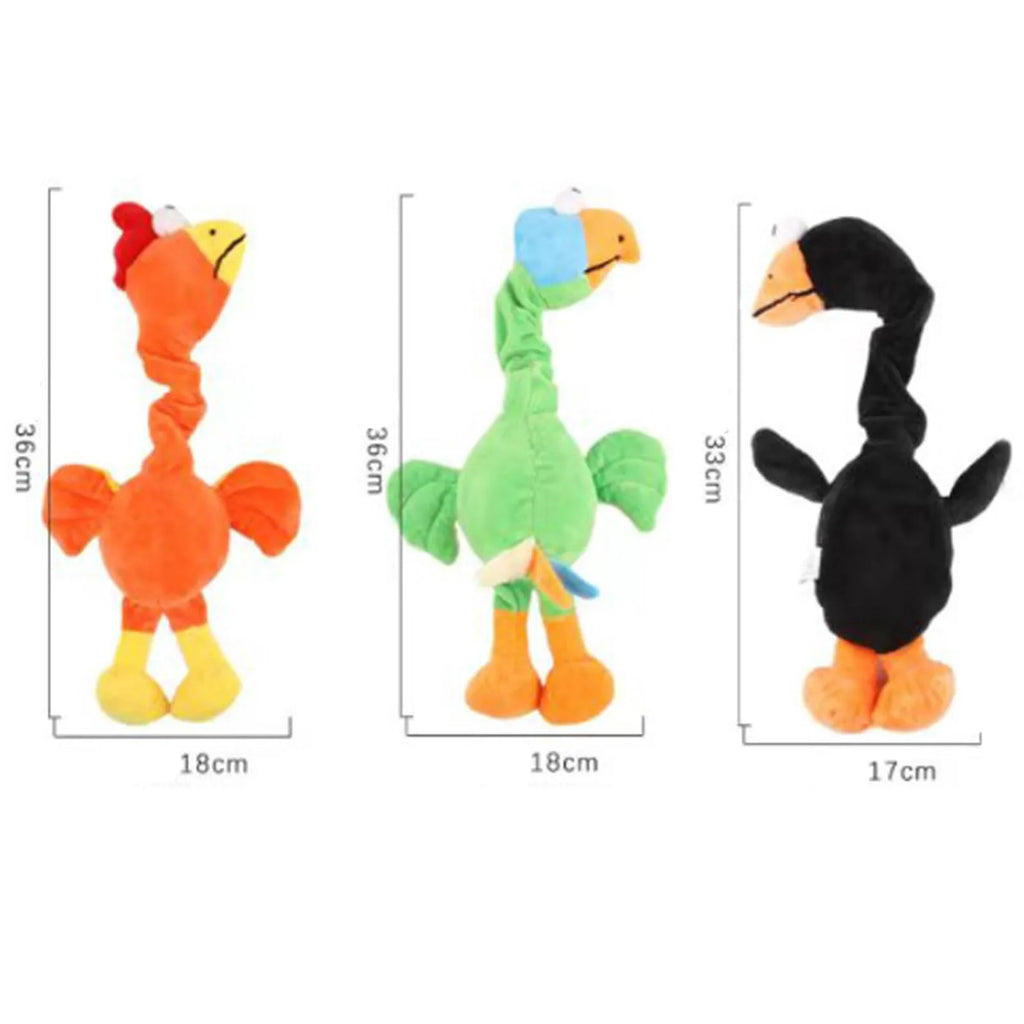 Squeaky chicken-shaped dog toy in black, green, and orange colours.