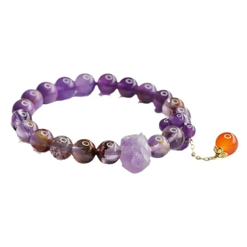 Nine Purple Fire Duobao crystal bracelet with amethyst and red agate stones in Mori style.