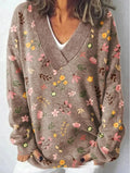 Women's V-neck sweatshirt with 3D floral pattern in art retro style