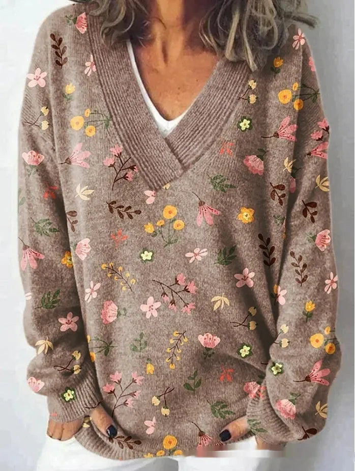 Women's V-neck sweatshirt with 3D floral pattern in art retro style