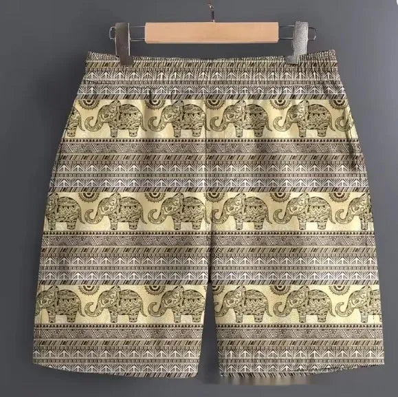 Men's casual polyester shorts in striped, plaid, and camouflage patterns for outdoor sports.