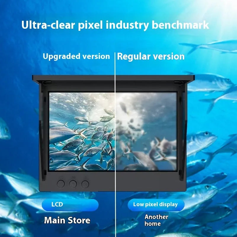 Underwater fish finder camera with 4.3-inch IPS screen, wide-angle lens, and night vision lights on a fishing boat.