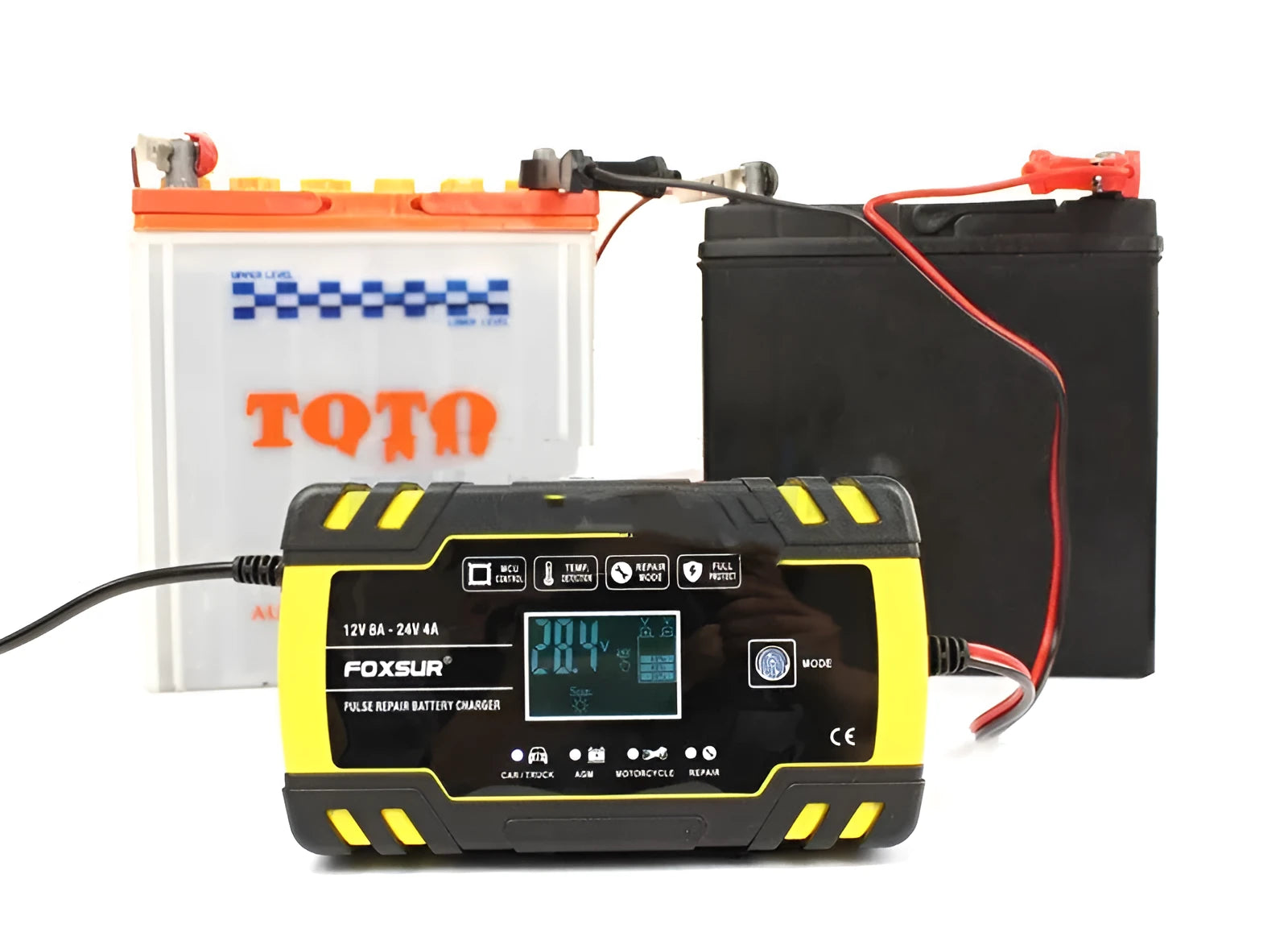 12V 24V battery charger unit with screen display showing charging parameters