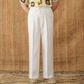 Linen straight-leg trousers with elasticated high waistband in navy blue colour
