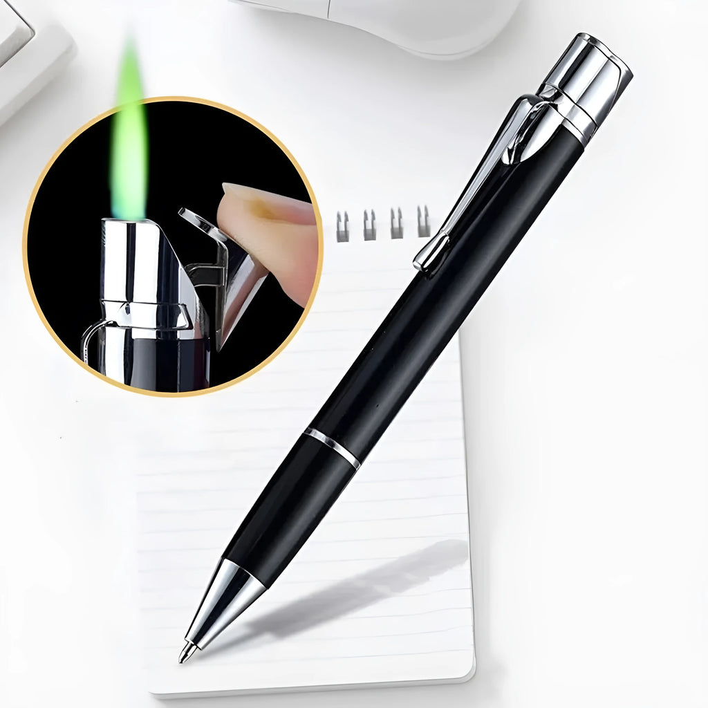 Silver metal windproof jet pen lighter with side ignition and keychain.
