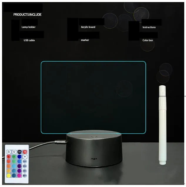 3D acrylic message board night light with remote control and stylus on wooden desk