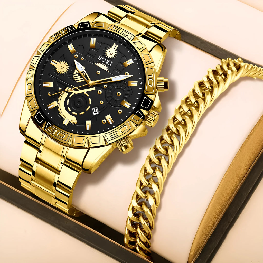 Men's gold stainless steel business quartz watch with calendar display on dial