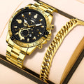 Men's gold stainless steel business quartz watch with calendar display on dial