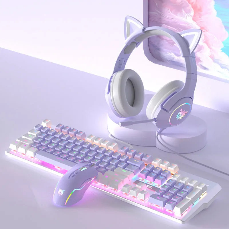 Purple and white mechanical keyboard and mouse wired set with backlight illumination